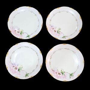 4 Antique Hutschenreuther Selb Bavaria Plates Hand-Painted Pink Floral C. 1930s